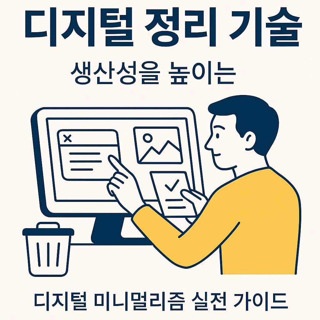 디지털 정리 기술과 생산성을 높이는 디지털 미니멀리즘 가이드를 설명하는 일러스트 썸네일 이미지